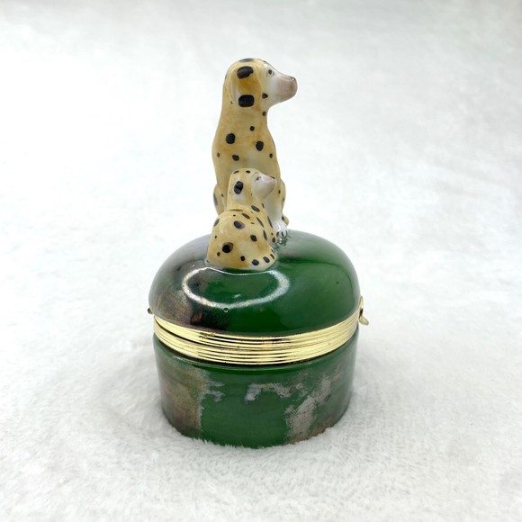 Vintage Fitz and Floyd Spotted Dalmatian Dogs Trinket Box Green Porcelain 1985 - Picture 4 of 11